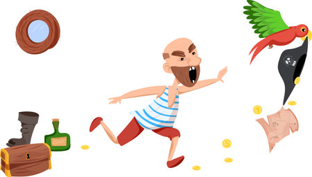 Vector pirate runs after the parrot that took the pirate hat, coins fall, treasure map. A pirate in a striped T-shirt and red shorts.のイラスト素材