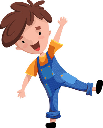 Vector cheerful boy in blue overalls and yellow t-shirt waving his hand greeting youのイラスト素材