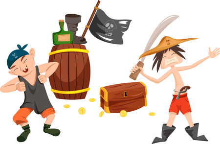 Vector baby illustration. Cheerful pirates stand near a barrel, a chest with coins. One pirate is holding a sword, the second pirate is dancing, laughing.のイラスト素材