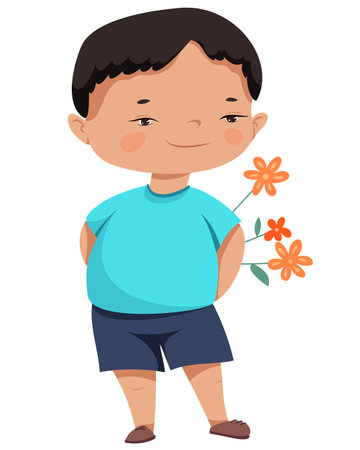 Vector boy in a blue t-shirt and blue shorts holds orange flowers in his hands behind his back. The child is going to give a bouquet of flowers to his mother, girlfriend, grandmother or someone else.のイラスト素材
