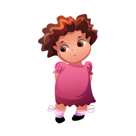 Vector modest girl in a pink dress. The shy girl smiles sweetly. Curly hair on baby.のイラスト素材