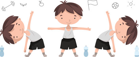 Vector kid in a gray tank top and black shorts goes in for sportsのイラスト素材