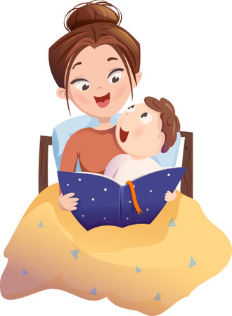 mom and baby vector. Mother and child are reading a book. They sit and hold a blue book with stars in their hands. The boy asks his mother. The boy looks at his mother in surpriseのイラスト素材