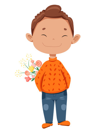 Vector boy in an orange sweater and jeans, hiding a bouquet of flowers behind his back. The child is preparing to give flowers to a girlfriend, mother, aunt, grandmother.のイラスト素材