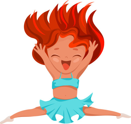 Vector red-haired girl gymnast in a blue leotard overalls, jumping in the air, hands upのイラスト素材