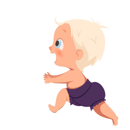 Vector little happy child runs, takes the first steps. A blue-eyed blond baby in a purple diaper runs towards the meeting.のイラスト素材