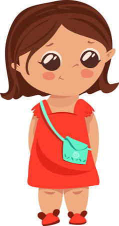 A cute vector girl with big eyes in a coral color dress and a turquoise bag, stands embarrassed. On the legs are funny shoes with ears.のイラスト素材