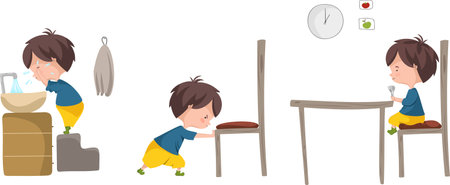 Vector little boy in a blue sweater and yellow pants washes and prepares to eat. Moves a chair and sits at the table, holds a spoon and fork in his handsのイラスト素材