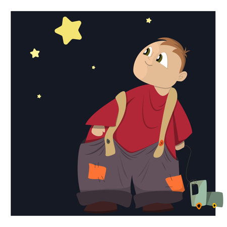A poor little cloud boy in rags with scarves holds a typewriter on a rope and looks dreamily at the bright starsのイラスト素材