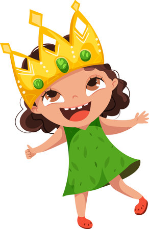 A cute charming girl with big eyes in a green dress balances, holds a large crown on her head.のイラスト素材