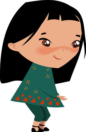 Vector girl of Asian appearance with black hair and in a national costume put her hands up to somethingのイラスト素材