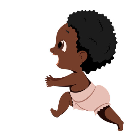 Vector little happy child runs, takes the first steps. A dark-skinned, dark-haired baby in a diaper runs towards the meeting.のイラスト素材