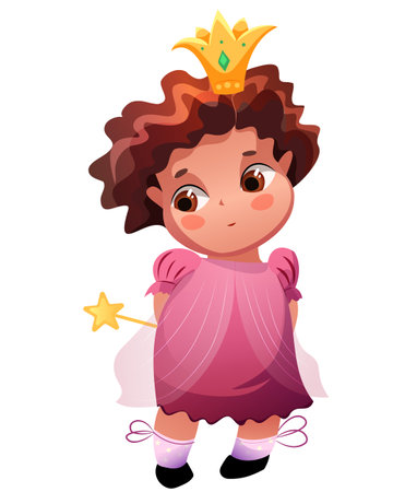 A modest dark-haired girl with big eyes in a pink festive dress. Charming little girl dressed as a princess holds a magic star wand behind her back. On the head is a beautiful crown.のイラスト素材
