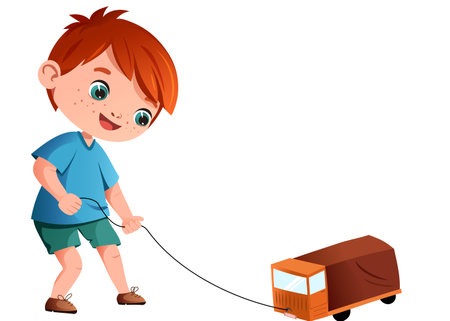 Vector cute red-haired little boy is driving a car. A child with freckles, in a blue T-shirt and green shorts, holds a rope, carries a children's car behind him.のイラスト素材