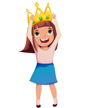 A cheerful girl in a blue skirt puts on a big crown. The playful smile of a child. Vector cartoon child raises his arms above his head, holds a crown.のイラスト素材