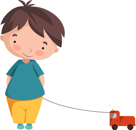 Cute shy boy in a turquoise t-shirt and yellow shorts holds a typewriter on a ropeのイラスト素材
