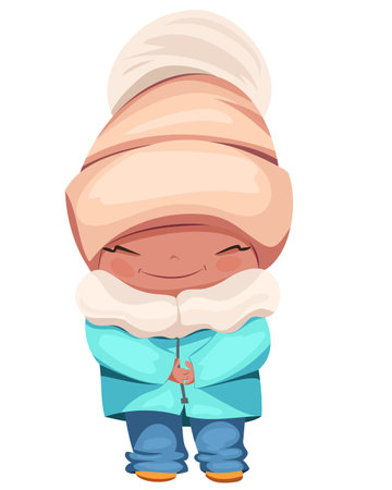 Vector girl in a blue jacket, blue pants and a big warm hat. Shy child holding pens, smiling.のイラスト素材