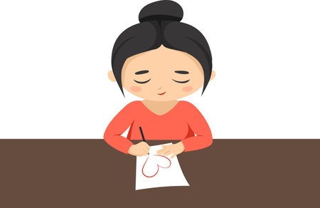 Vector dark-haired girl in a red sweater sits at the table, draws a heart on a sheet of paperのイラスト素材