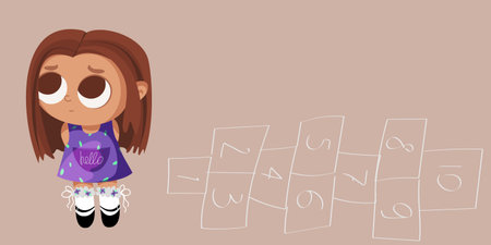Cute vector girl with brown hair and purple dress stands embarrassedのイラスト素材