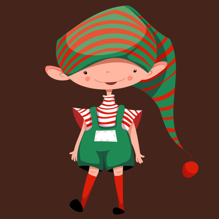 Vector Christmas elf in a striped long hat, green overalls and red long red socks stands, smiles.のイラスト素材