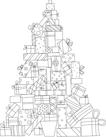 Vector linear drawing from holiday boxes. For coloring. Different Christmas boxes in the shape of a Christmas tree.のイラスト素材