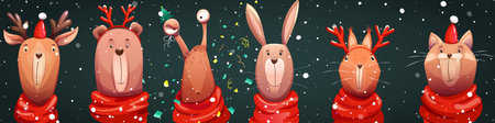 Vector animals in Christmas scarves, hats. With reindeer antlers. Christmas deer, bear, snail, hare, squirrel and cat, for postcards, decorations, design.のイラスト素材