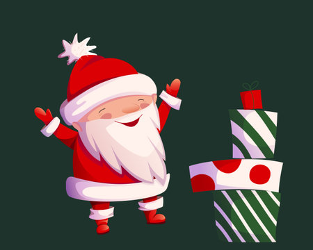 Vector cute cartoon Santa Claus raised his hands up, rejoices with New Year giftsのイラスト素材