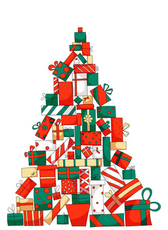 Vector Christmas gifts. Christmas holiday boxes. Colored bright Christmas boxes, green, red, white colors.のイラスト素材