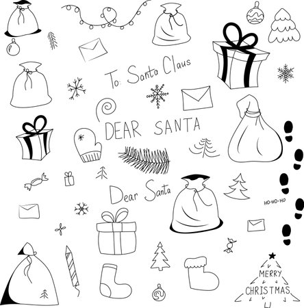 Vector New Year icons doodle, gift, garland, sleeve, sock, felt boots, letter, snowflakes, Christmas treeのイラスト素材