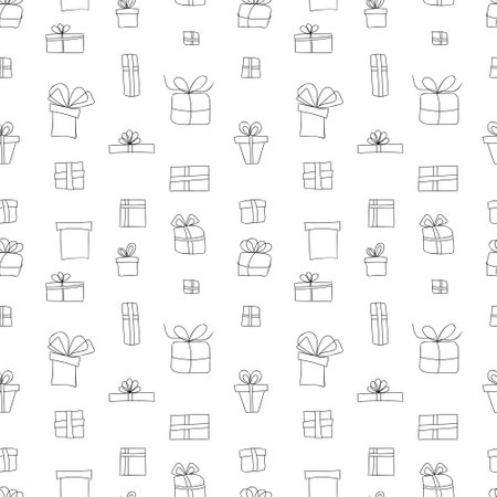 Vector seamless linear pattern of holiday boxes with bows, ribbons for giftsのイラスト素材