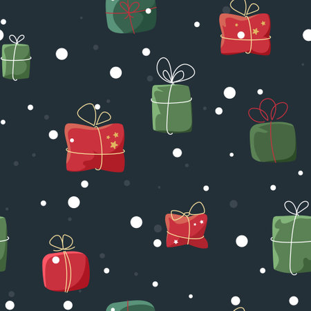 Vector seamless pattern of New Year's gift boxes with bright linear bows on the background of white big snowballsのイラスト素材