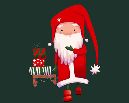 Vector cute cartoon Santa Claus dragging New Year's gifts on a sleighのイラスト素材
