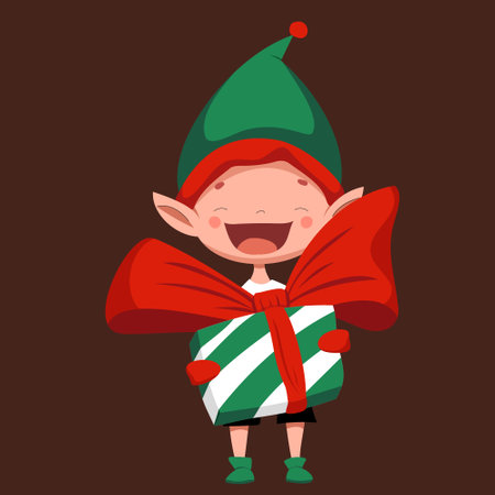 Vector Christmas elf holding a striped gift box with a big red bow in his hands. Cute holiday gnome smiles.のイラスト素材