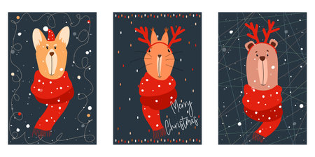 Vector New Year, Christmas style. Portraits of a dog husky, squirrel, bear. Animals in New Year's red scarves, a hat and deer horns. Christmas cards for congratulations.のイラスト素材