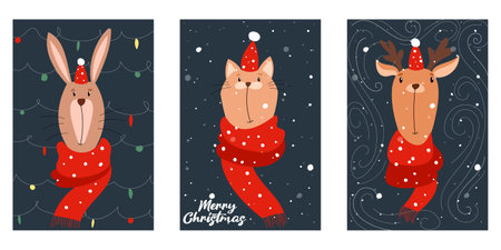 Vector New Year, Christmas style. Portraits of a hare, a cat, a deer. Animals in New Year's red scarves and hats. Christmas cards for congratulations.のイラスト素材