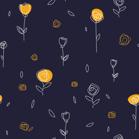 Seamless vector floral print. Linear summer white and yellow flowers, roses with stems and leaves.のイラスト素材