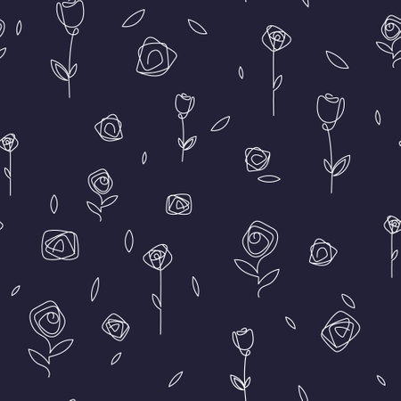 Seamless vector floral print. Linear summer white flowers, roses with stems and leaves.のイラスト素材