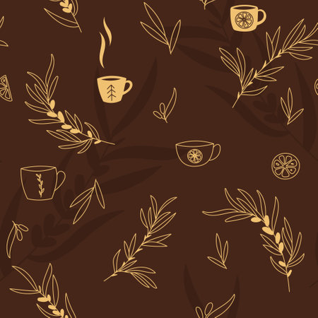 Vector seamless warm pattern, hot tea, sea buckthorn herbal sprigsのイラスト素材