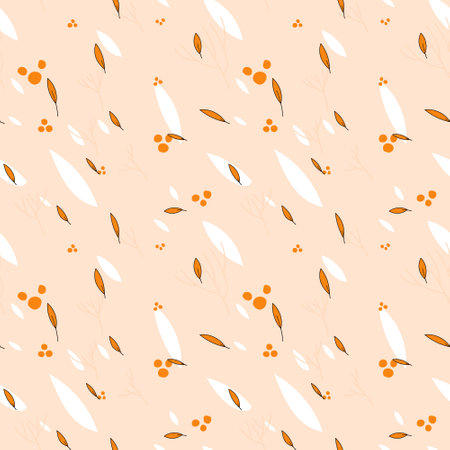 Seamless vector autumn warm pattern. Small orange leaves, large white leaves and branches, berries. A breath of wind. The wind blows the leavesのイラスト素材