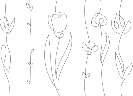 Vector spring flowers and leaves on long stems. Branches with large and small flowers. long creepersのイラスト素材