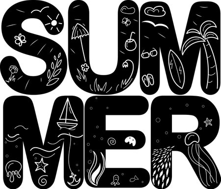 small white icons on big black letters summerのイラスト素材