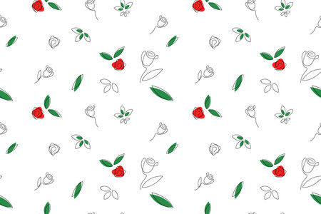 Floral vector seamless pattern of red roses, buds, green leavesのイラスト素材