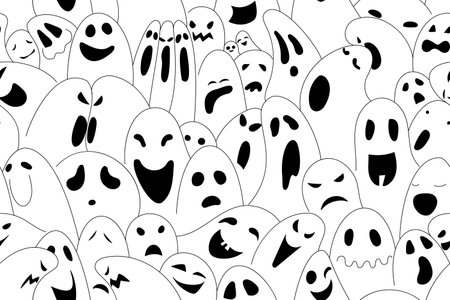 Vector seamless linear pattern of ghosts, different emotions, eyes, mouths.のイラスト素材