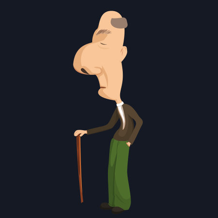Vector grandfather with a wand. An old man with a big nose. Man in green pants and green shirtのイラスト素材