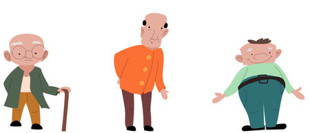 Vector old people. Retirees in a simple style. A man with a cane in a green sweater and mustard pants, sciatica in orange clothes and a fat cheerful man in a green suit.のイラスト素材