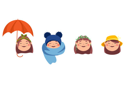 vector face of a girl in different seasons. Autumn face with orange umbrella. Winter - in a warm hat and scarf. Spring - with a wreath on the head. Summer - with a yellow hat on his head.のイラスト素材