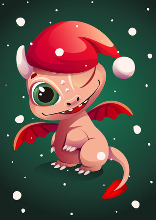 Vector cute dragon stands on its hind legs in a Christmas hat. A smiling toothy red dragon with wings rejoices at the approach of Christmas.のイラスト素材