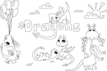 Vector cartoon children's dragons for coloring. Cute dragons play in the summer. He smells a flower, chews branches with leaves, has lunch, rolls on the grass, flies in the sky, holding on to balloons.のイラスト素材