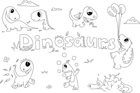 Vector cartoon children's dinosaurs for coloring. Cute dinosaurs play in summer. He tries to eat a flower, sleeps in the bushes, plays with leaves, mother and baby are walking.のイラスト素材