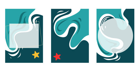 Small vector cards for wishes, notes, names. Postcard templates in nautical style, waves, blue breeze, starfish.のイラスト素材